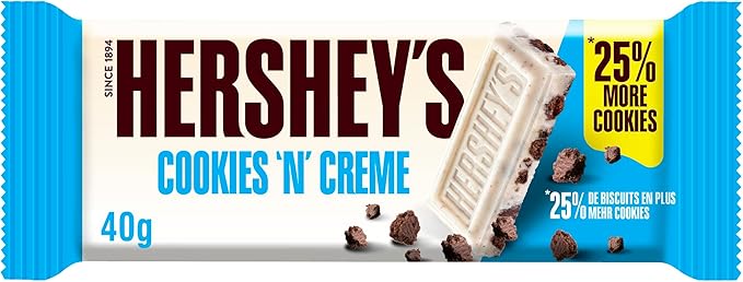 Hershey's Cookies N Creme, witte chocoladesmaak met koekstukjes, verpakking van 24 x 40 g