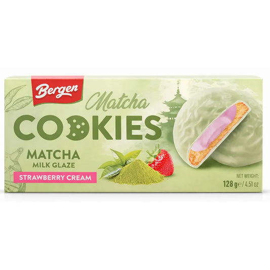 Bergen Obsession Matcha Cookies with Strawberry Cream 128g | Green Tea Biscuits