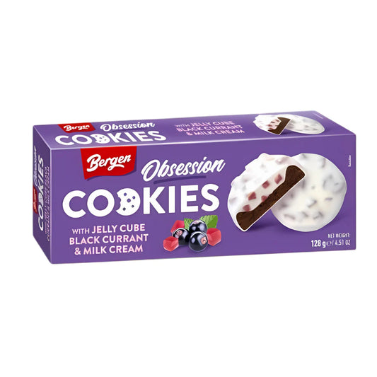 Bergen Jelly Cube Cookies Black Currant & Milk Cream 128g | Filled Biscuits
